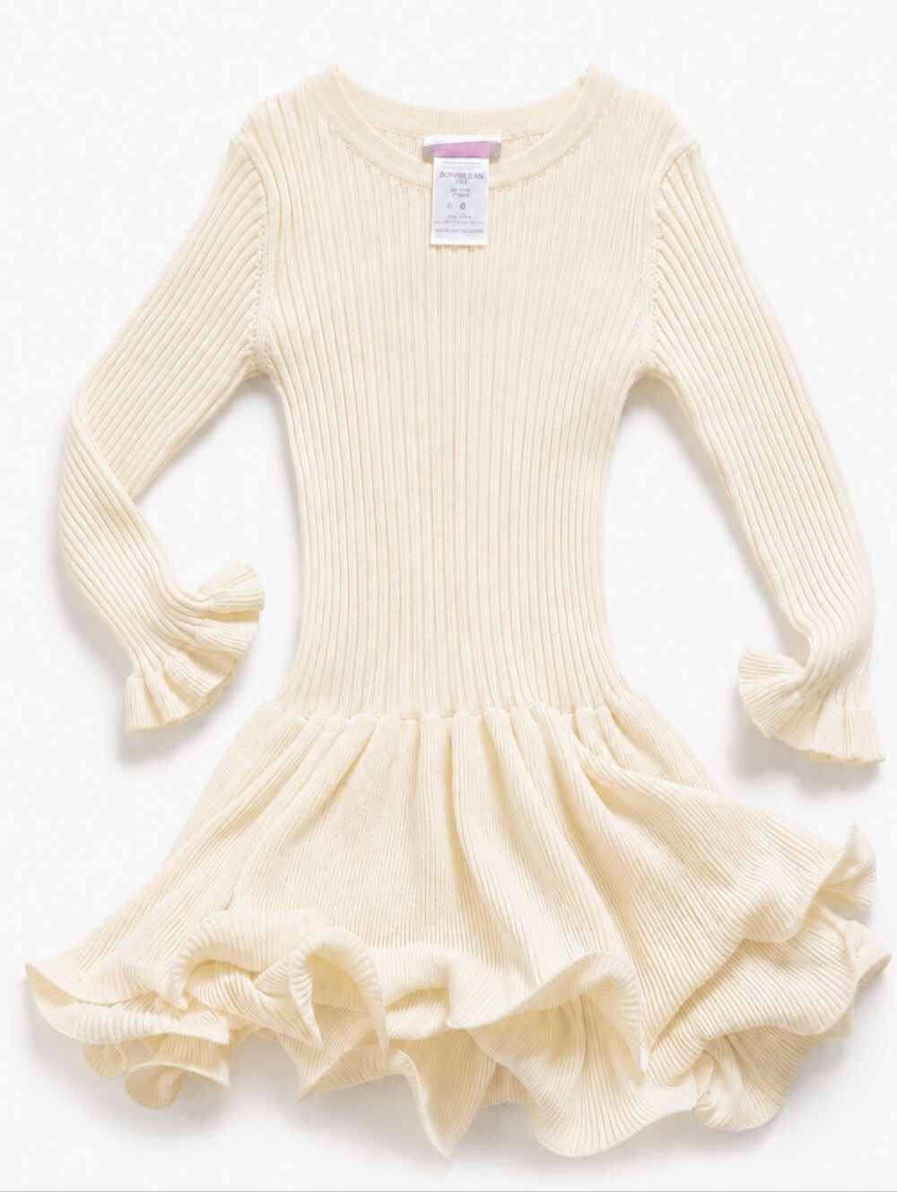 Bonnie Jean Soft Yellow Ribbed Ruffle Knit Dress Long Sleeve